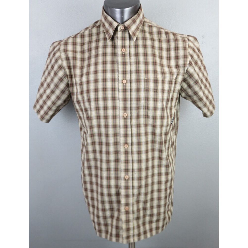 Mens Rohan Short Sleeve Button Front Shirt Size M Brown Walker Hiking Seersucker